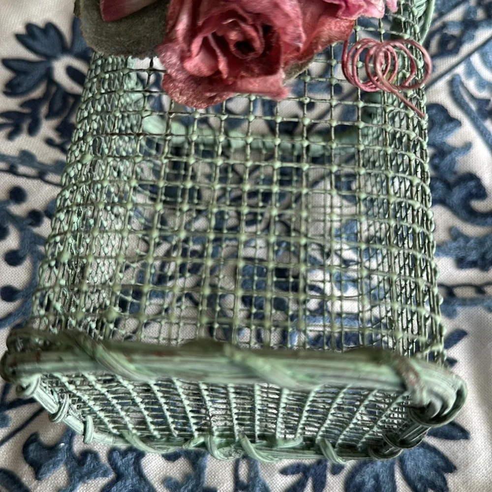 Lovely sage green wired basket w pink roses wrapped handle very Romantic piece